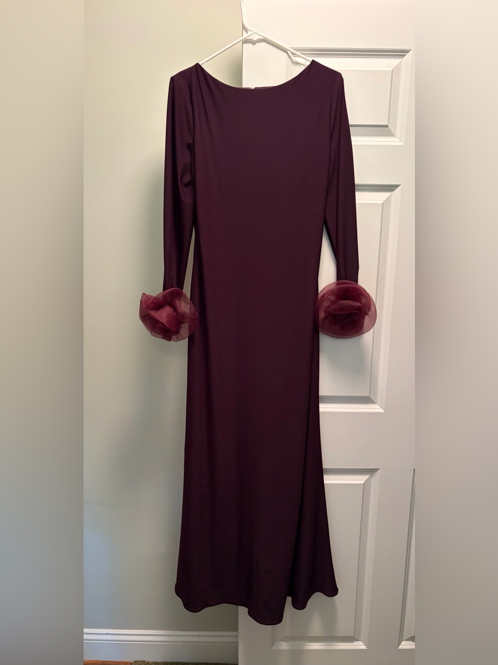 Mac Duggal Plum Long Sleeve Gown with Organza Cuff Rosettes